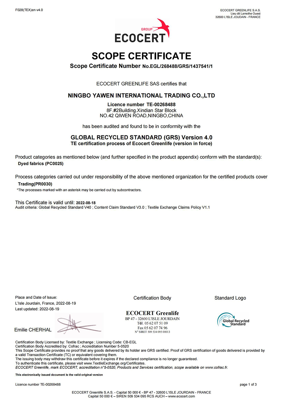 Certificate GRS 4.0-Ningbo Yawen 2022_00