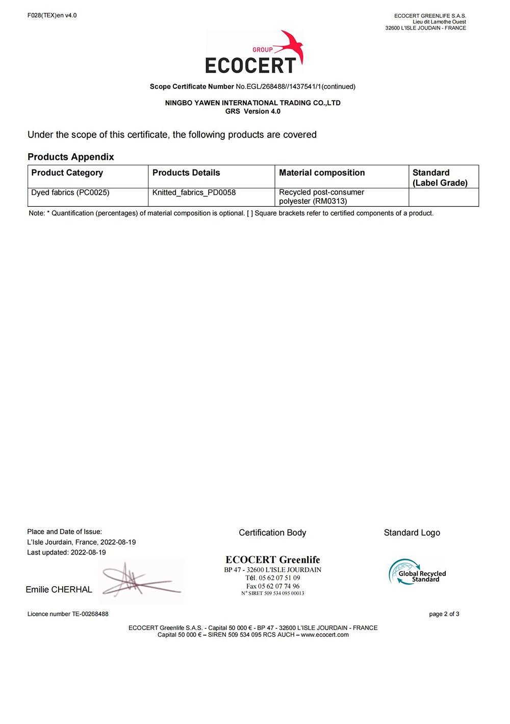 Certificate GRS 4.0-Ningbo Yawen 2022_01